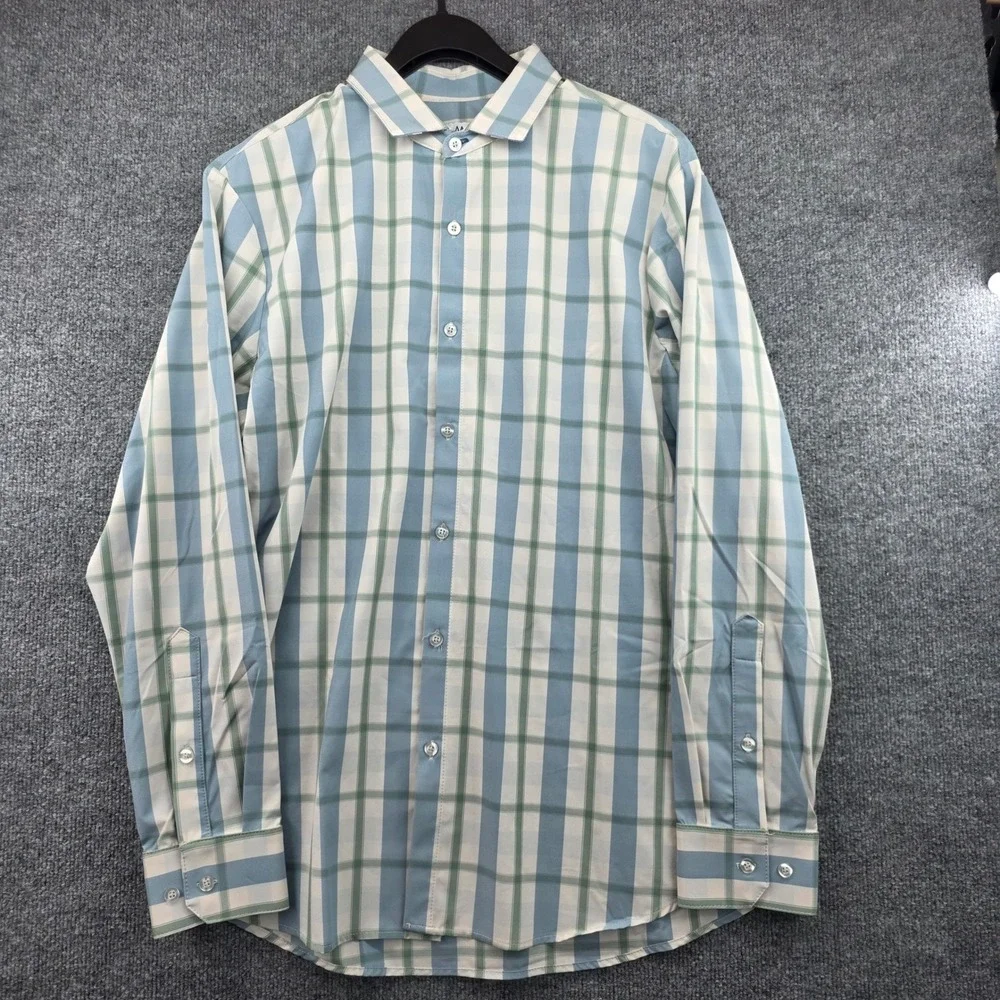 Mizzen+Main Men Trim Fit Plaid Performance Dress Shirt Blue Green XL Long Sleeve